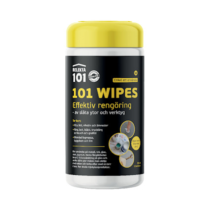 Rengöringsdukar 101 Wipes i gul och vit förpackning, med text om effektiv rengöring av släta ytor och verktyg.