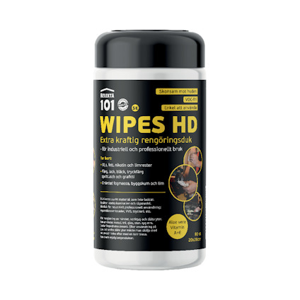 Vit behållare med svart lock och etikett med texten "WIPES HD Extra kraftig rengöringsduk" och "Relekta 101".